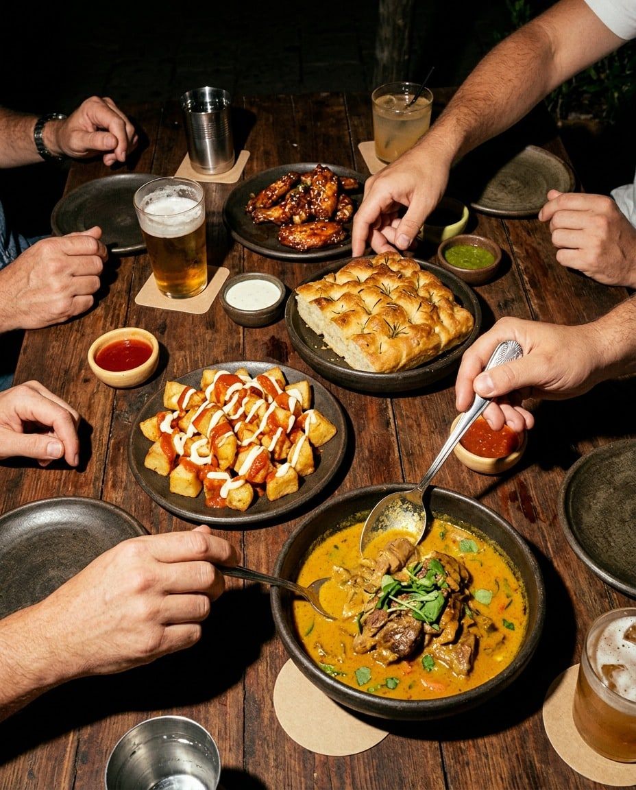 Una mesa llena de platos para compartir, vista desde arriba
